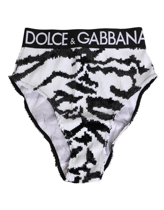 Dolce & Gabbana – Hoch taillierte Slip-Unterhose mit Pailletten in Schwarz und Weiß