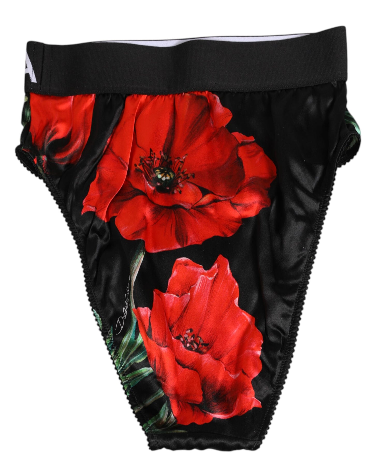 Dolce & Gabbana – Schwarze Seiden-Höschen mit Blumenmuster und hoher Taille