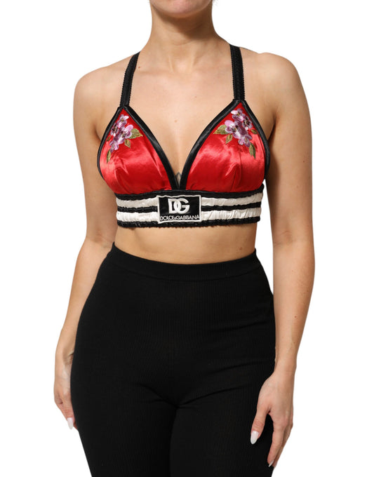 Dolce & Gabbana – Rotes, floral besticktes Bralette-Crop-Top aus Satin