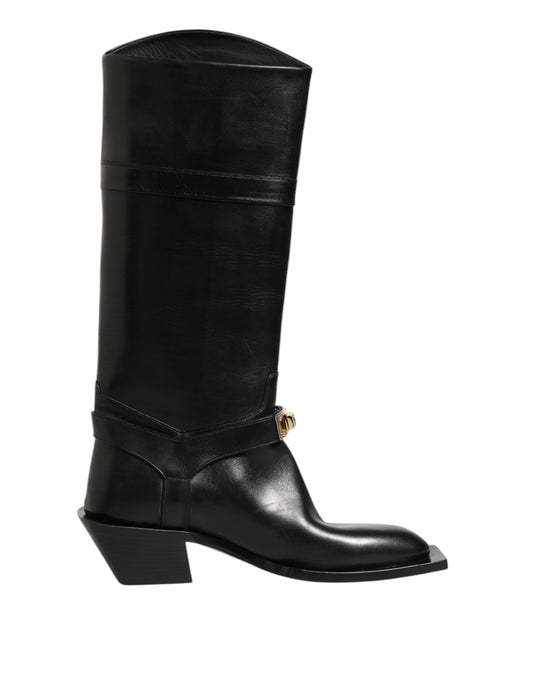 Dolce & Gabbana – Wadenhohe Stiefel mit Logo-Schild in Schwarz