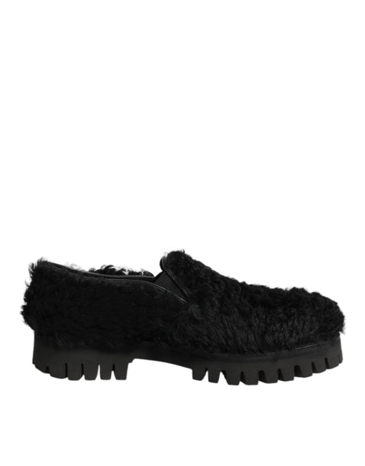 Dolce & Gabbana Kleid Schwarze Pelz-Leder-Slipper Herren Schuhe