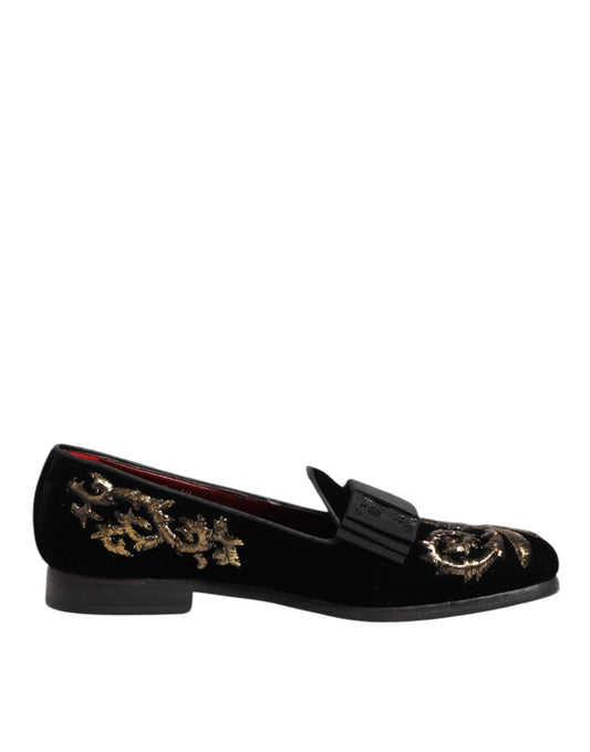 Dolce & Gabbana – Formelle Loafer-Schuhe aus schwarzem Samt mit Stickerei