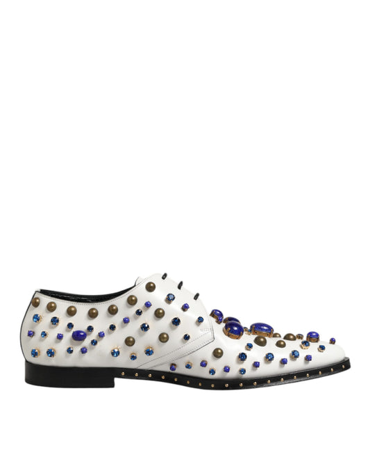 Dolce & Gabbana White Leather Crystals Embellished Dress Shoes