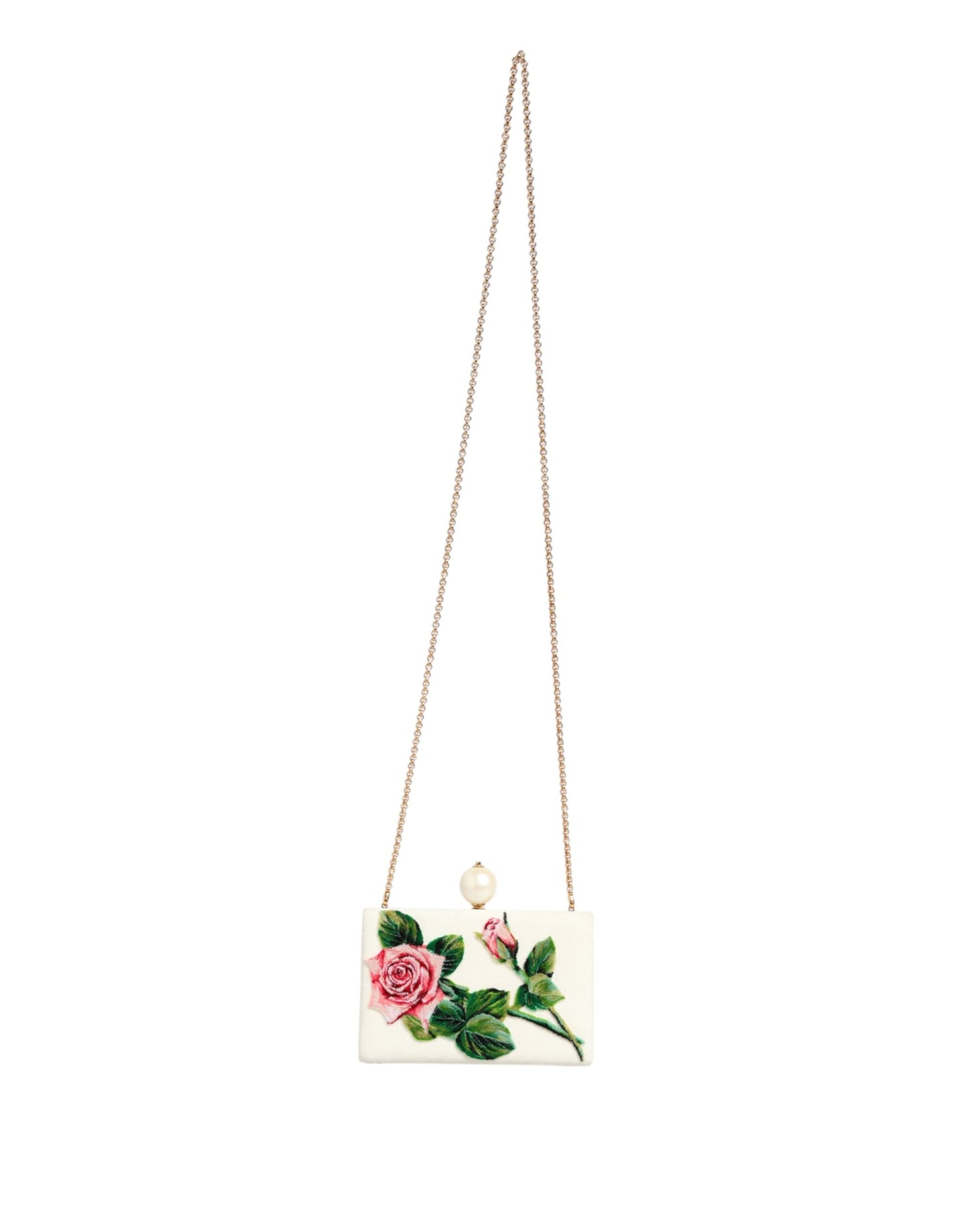 Dolce & Gabbana Clutch aus Seide mit weißer Rosenstickerei und goldenem Rahmen