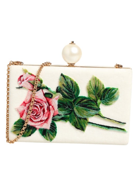 Dolce & Gabbana Clutch aus Seide mit weißer Rosenstickerei und goldenem Rahmen