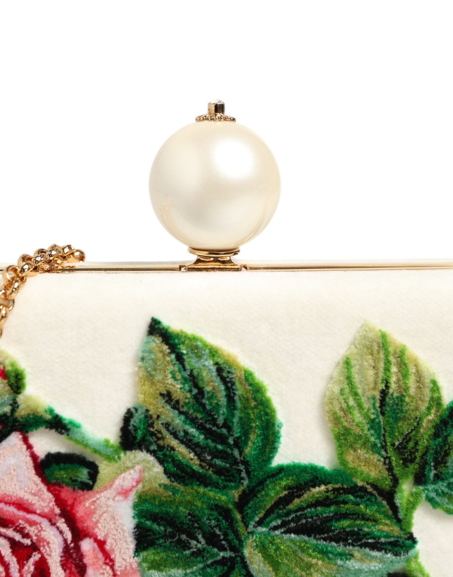 Dolce & Gabbana Clutch aus Seide mit weißer Rosenstickerei und goldenem Rahmen