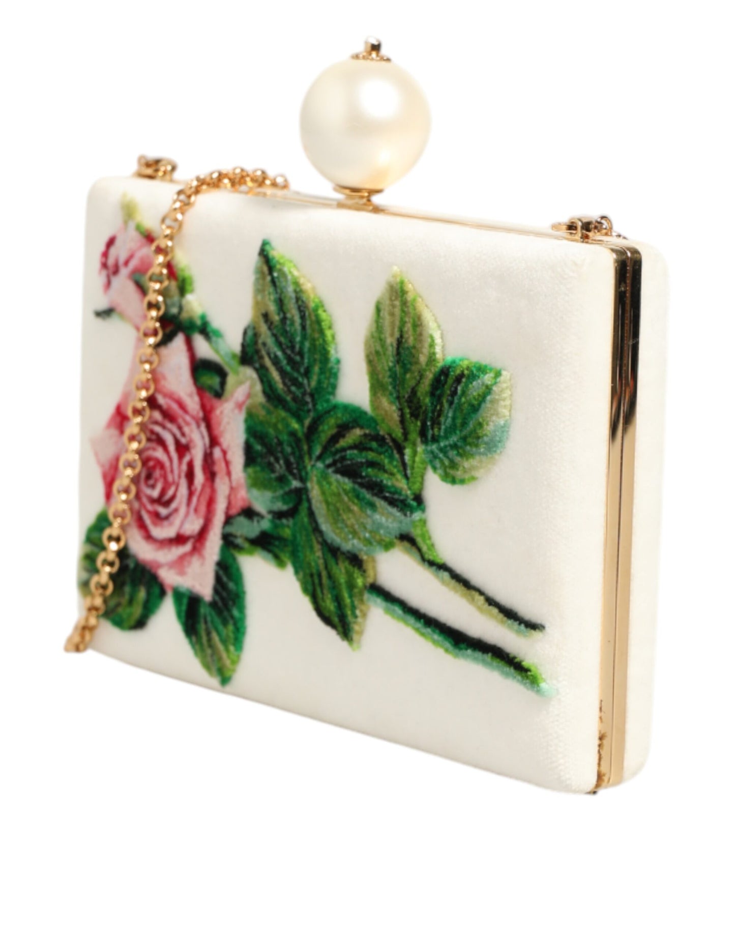 Dolce & Gabbana Clutch aus Seide mit weißer Rosenstickerei und goldenem Rahmen