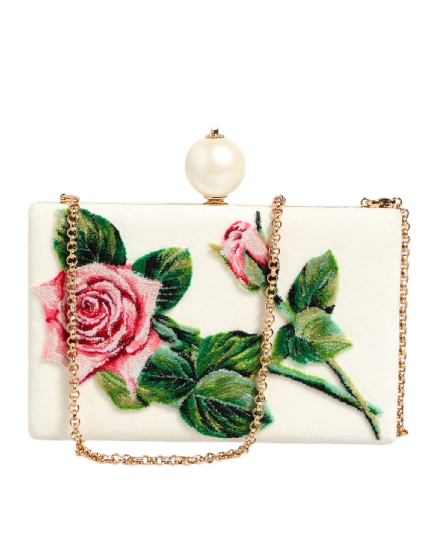 Dolce & Gabbana Clutch aus Seide mit weißer Rosenstickerei und goldenem Rahmen