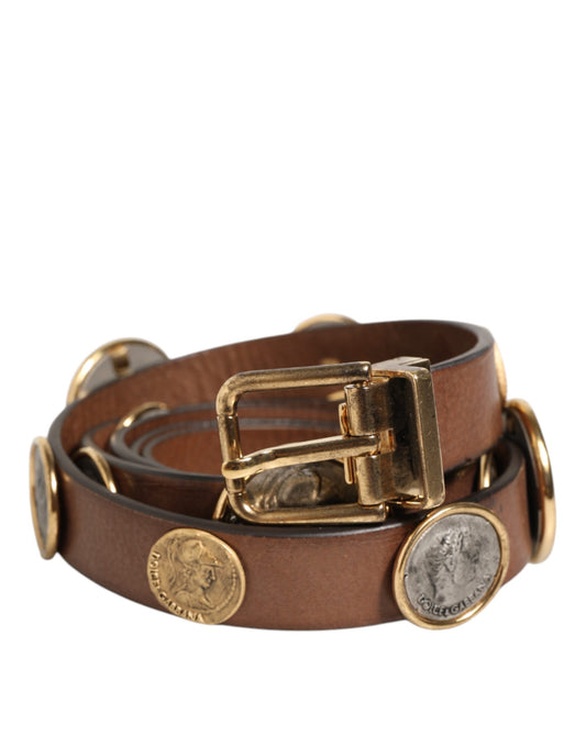 Dolce & Gabbana Brauner Ledergürtel mit gold-silberner Münzschnalle