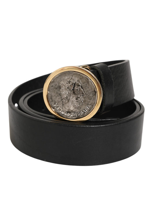 Dolce & Gabbana Klassischer Herrengürtel aus schwarzem Leder mit Münzschnalle