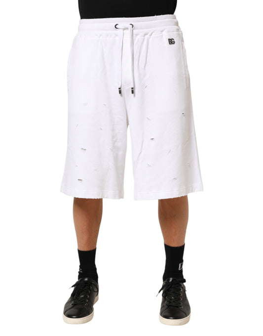 Dolce & Gabbana – Weiße, zerrissene Bermuda-Jogginghose aus Baumwolle