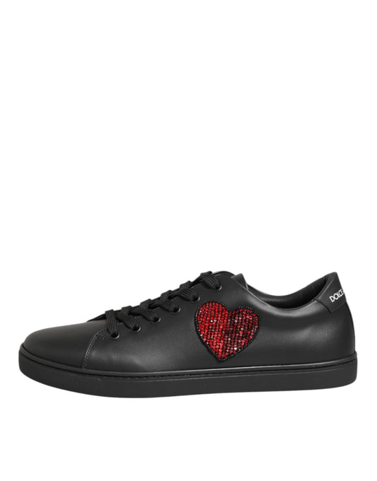 Dolce & Gabbana Schwarze Leder-Sneakers mit Kristallherz