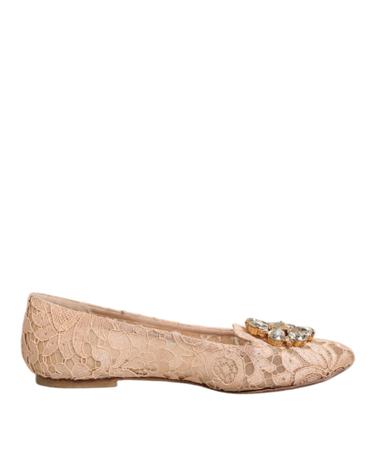 Dolce & Gabbana Beige Taormina Lace Crystals Flats Schuhe