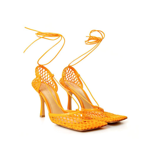 Bottega Veneta Pumps mit hohem Absatz aus orangefarbenem Stoff und Leder