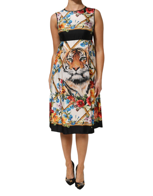 Dolce & Gabbana White Tiger Floral A-line Sleeveless Dress