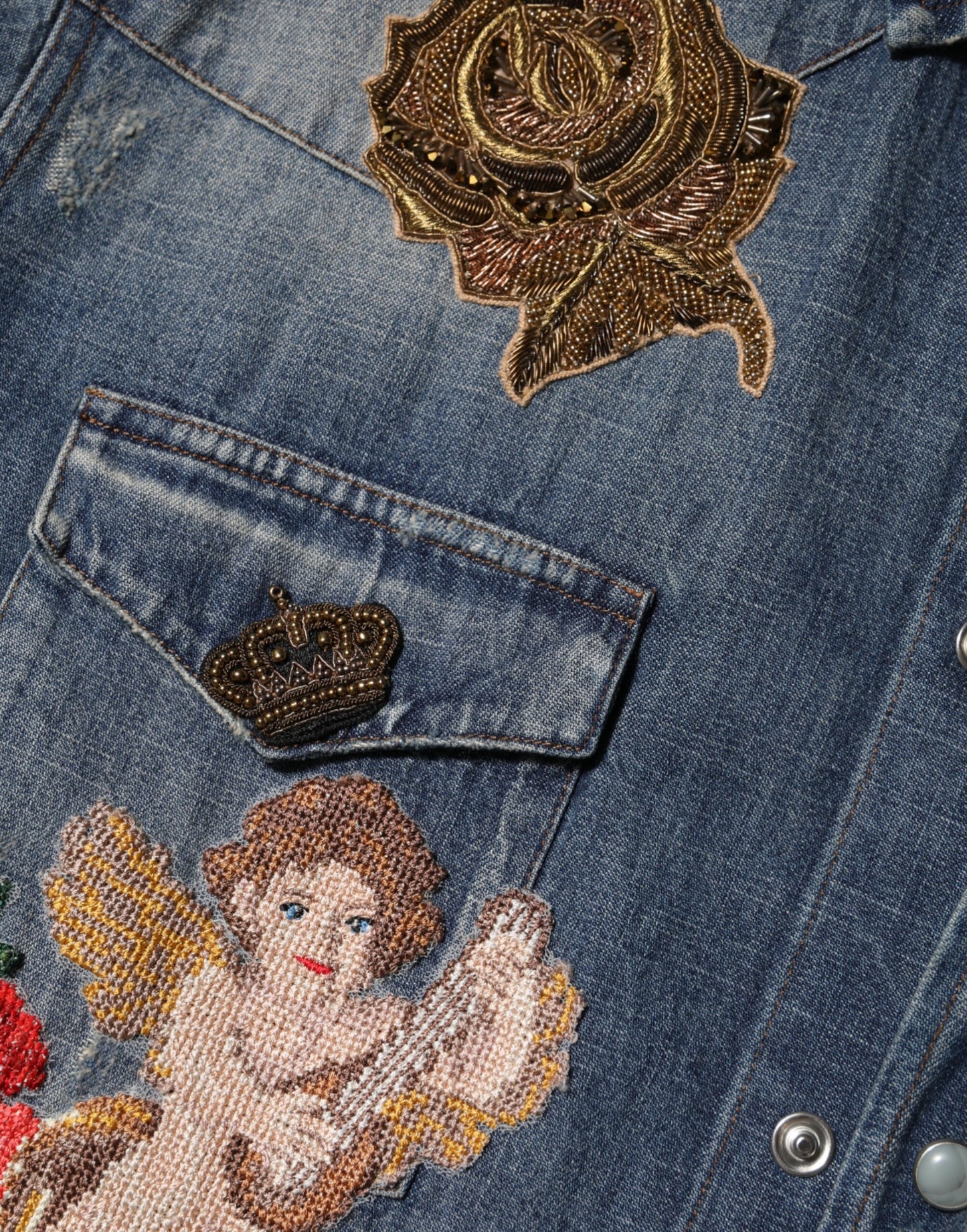 Dolce & Gabbana Blue Angel Patch Denim Button Down Herrenhemd