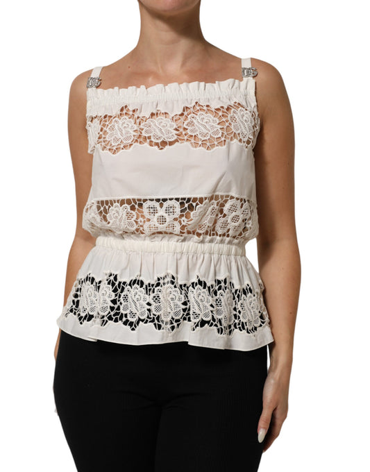 Dolce & Gabbana Tanktop aus weißer Popeline mit durchbrochener Stickerei
