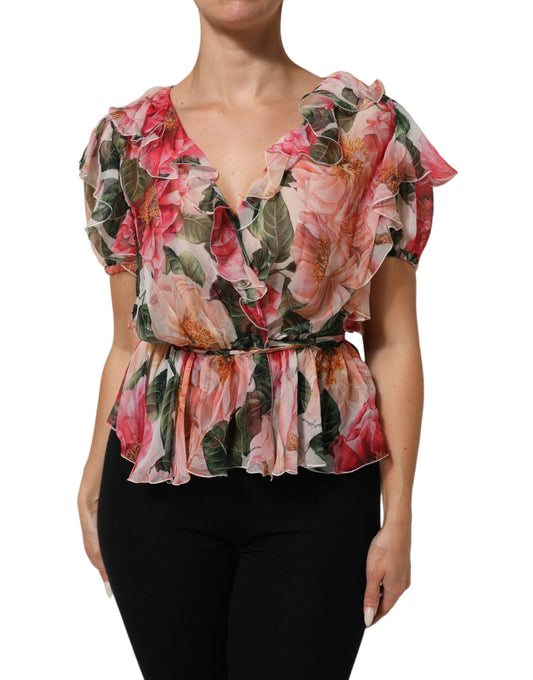 Dolce & Gabbana – Blusentop aus Seide mit V-Ausschnitt und Kamelien-Print in Rosa