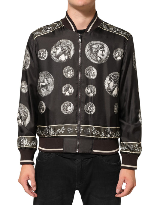 Dolce & Gabbana – Schwarze Bomberjacke aus Seide mit „Monete“-Münzdruck