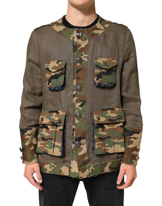 Dolce & Gabbana – Braune Camouflage-Leinenjacke mit Knopfleiste