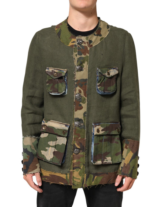 Dolce & Gabbana – Braune Camouflage-Leinenjacke mit Knopfleiste