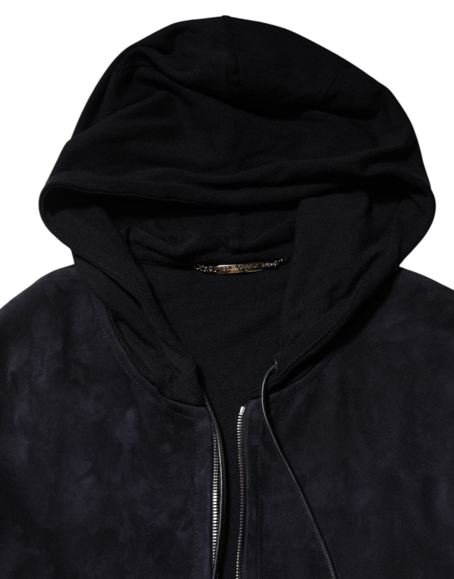 Dolce & Gabbana – Schwarze Blousonjacke aus Leder mit durchgehendem Reißverschluss und Kapuze
