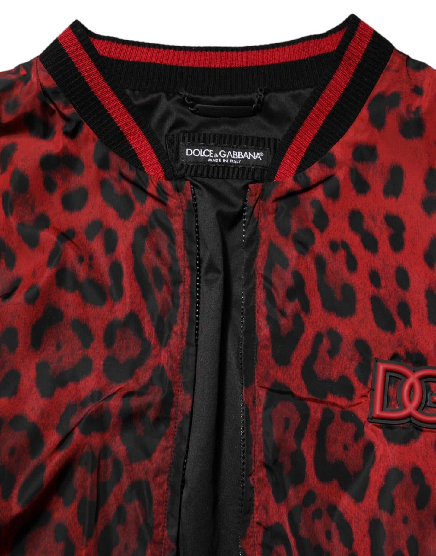 Dolce & Gabbana – Bomberjacke mit durchgehendem Reißverschluss und rotem Leopardenmuster für Herren