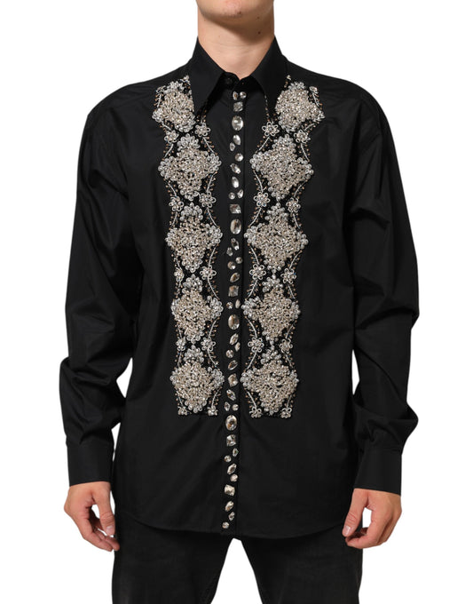 Dolce & Gabbana Black Embroidered Dress Men Formal Shirt