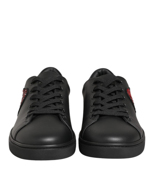 Dolce & Gabbana Schwarze Leder-Sneakers mit Kristallherz