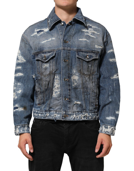 Dolce & Gabbana – Blousonjacke aus zerfetztem Baumwoll-Denim in Blau