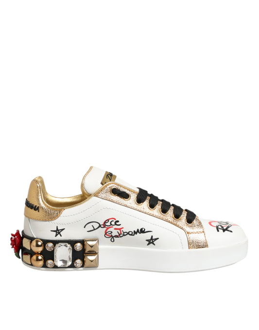 Dolce & Gabbana – Weiße Sneakers aus Leder mit Blumen- und Nietenbesatz