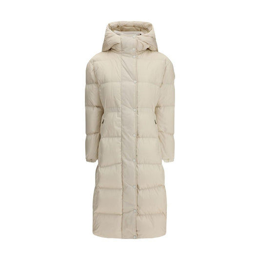 Moncler Die lange Daunenjacke mit Kapuze und Wollbesatz