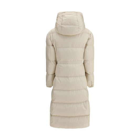 Moncler Die lange Daunenjacke mit Kapuze und Wollbesatz