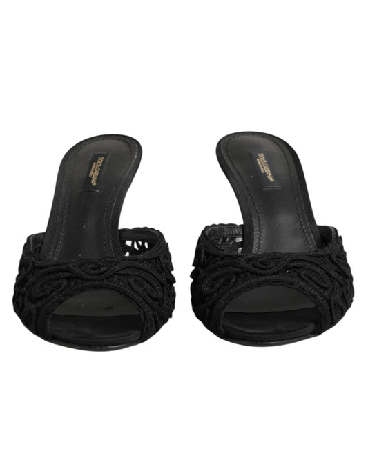 Dolce & Gabbana Black Embroidered Slip On Heels Slides Shoes
