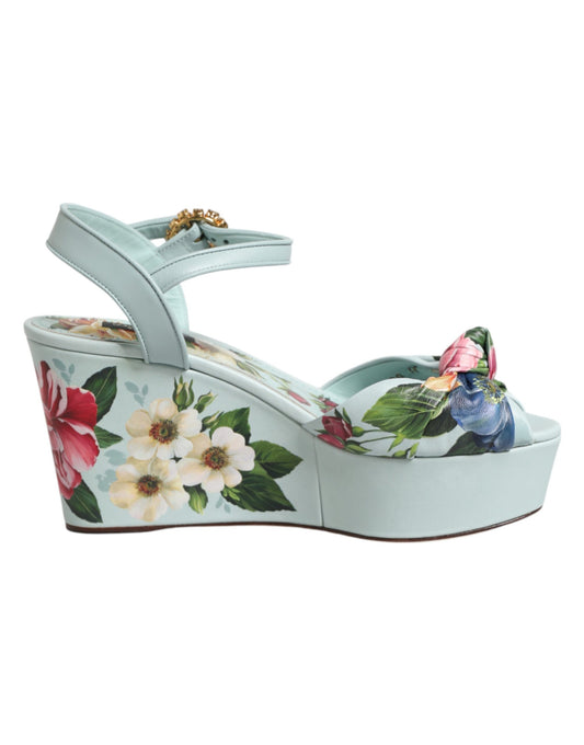 Dolce & Gabbana Green Floral Ankle Strap Wedge Sandals Shoes
