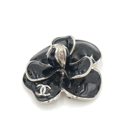 Chanel Black Enamel Flower Brooch With Silver-Tone