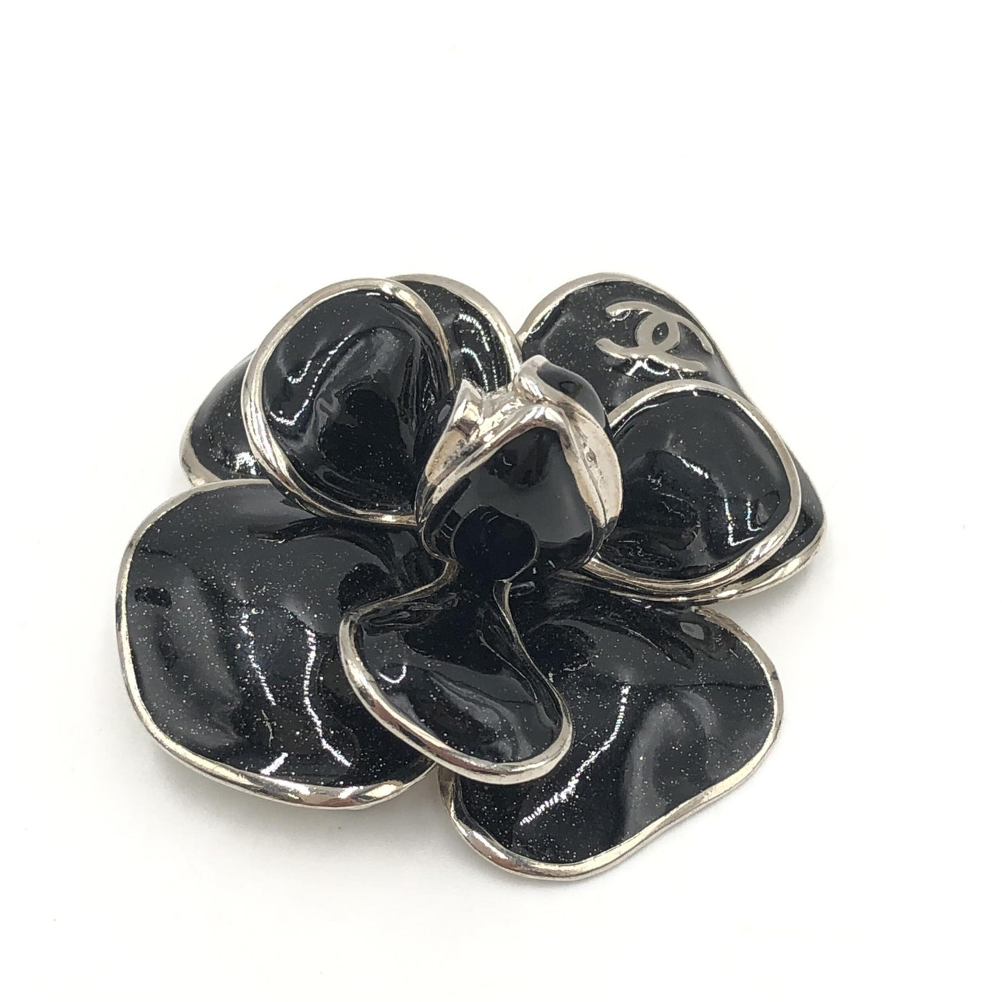 Chanel Black Enamel Flower Brooch With Silver-Tone