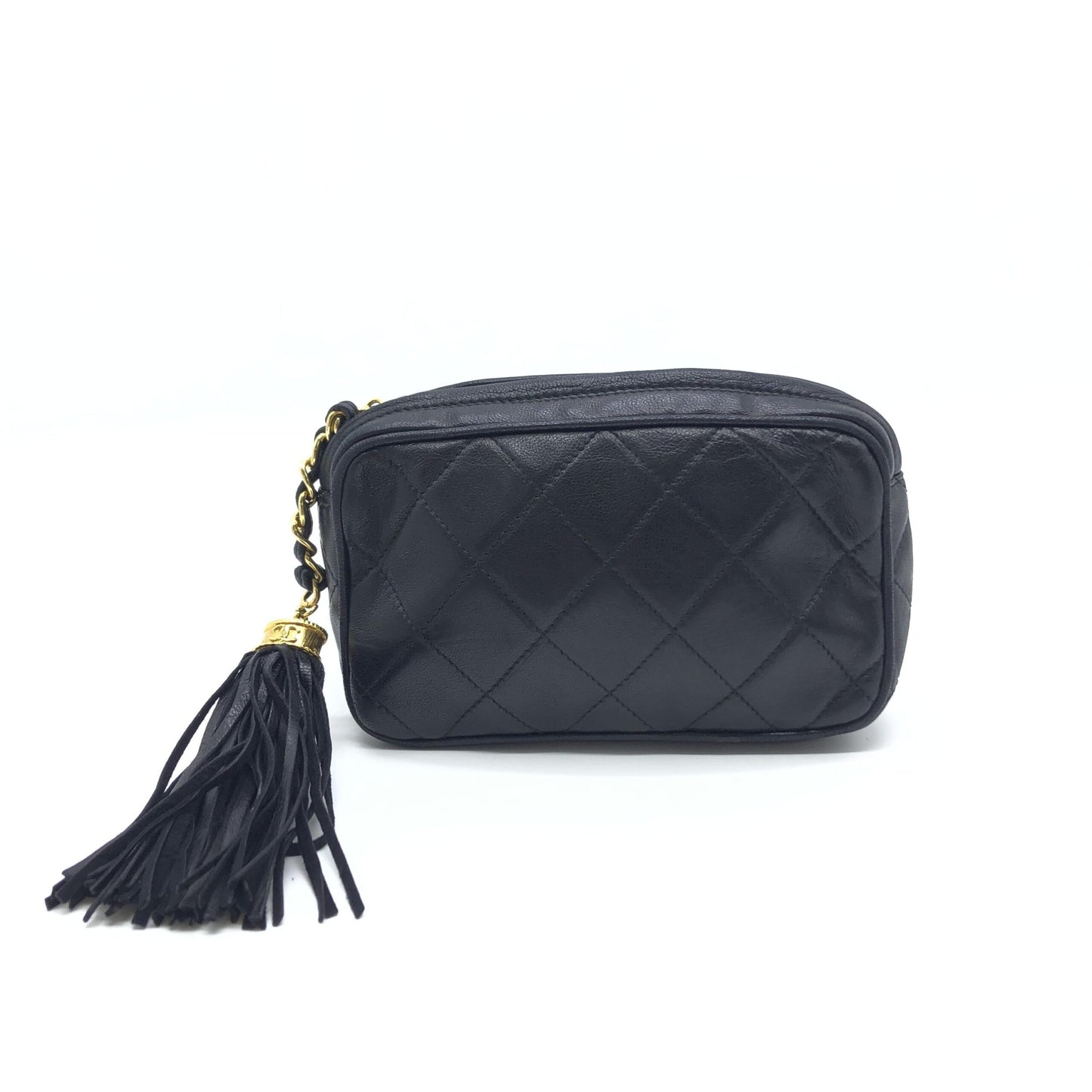 Chanel Black Quilted Leather Pouch With Tassels