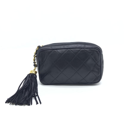 Chanel Black Quilted Leather Pouch With Tassels