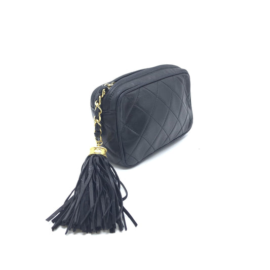 Chanel Black Quilted Leather Pouch With Tassels