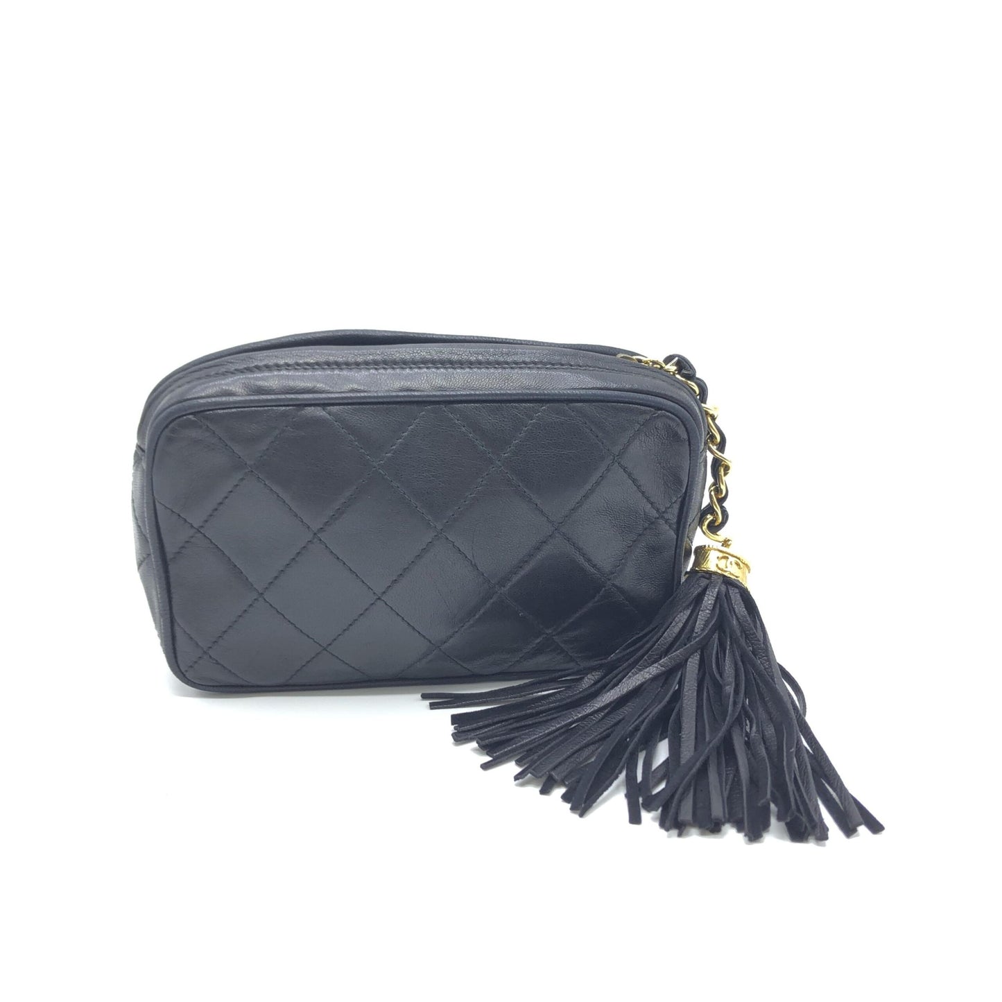 Chanel Black Quilted Leather Pouch With Tassels