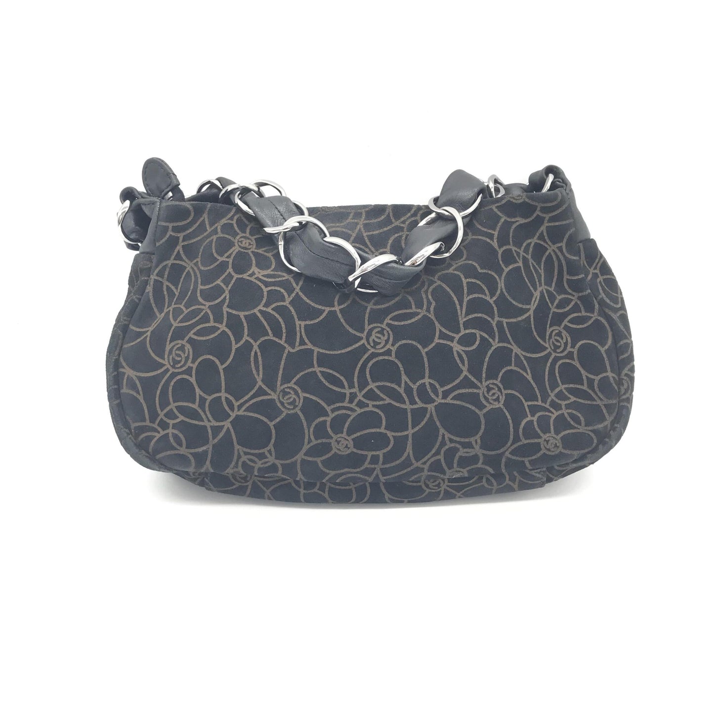 Chanel Camellia Chain Black Suede Shoulder Bag With Logo