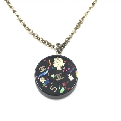 Chanel Coco Mark Mademoiselle Camellia Flower Round Hologram Black Necklace