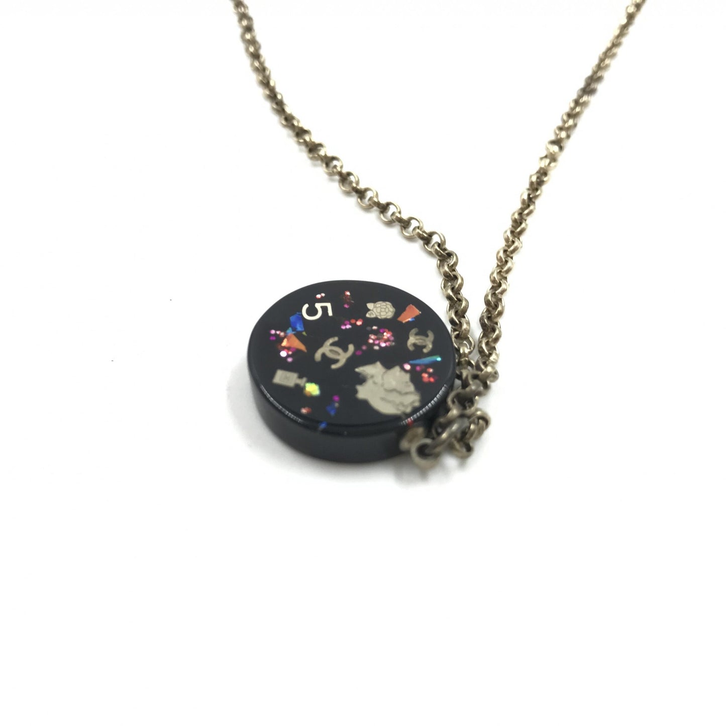 Chanel Coco Mark Mademoiselle Camellia Flower Round Hologram Black Necklace