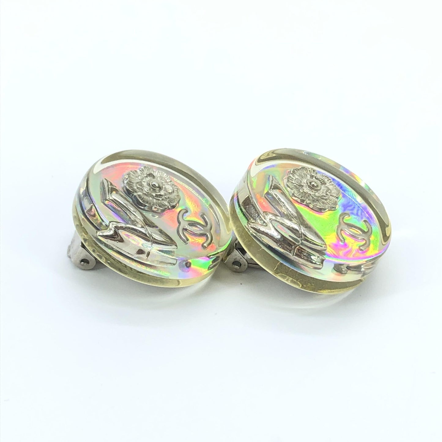 Chanel Vintage Holographic Logo Clip-On Earrings
