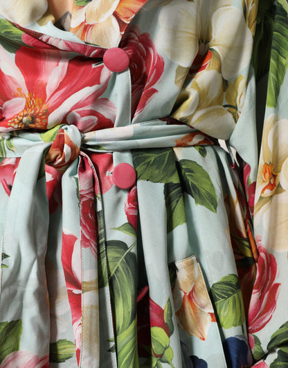 Dolce & Gabbana Green Floral Silk Wrap Midi Long Sleeve Dress