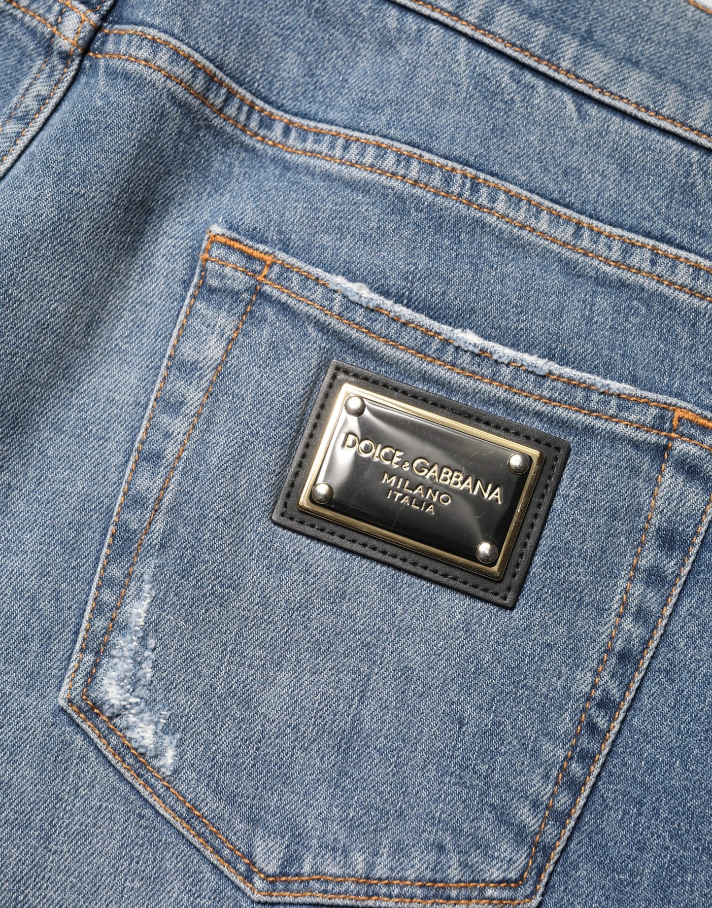Dolce & Gabbana Blue Tattered Slim Fit Cotton Denim Jeans