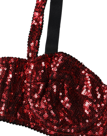 Dolce & Gabbana Red Sequined Nylon Balconnet Bra Underwear