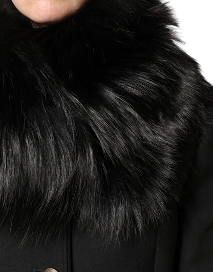 Dolce &amp; Gabbana – Schwarzer Wickelschal mit Pelzkragen und Schulter