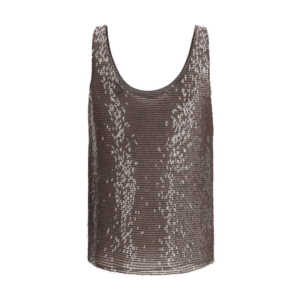 Brunello Cucinelli Brown Silk Sleeveles T-Shirt